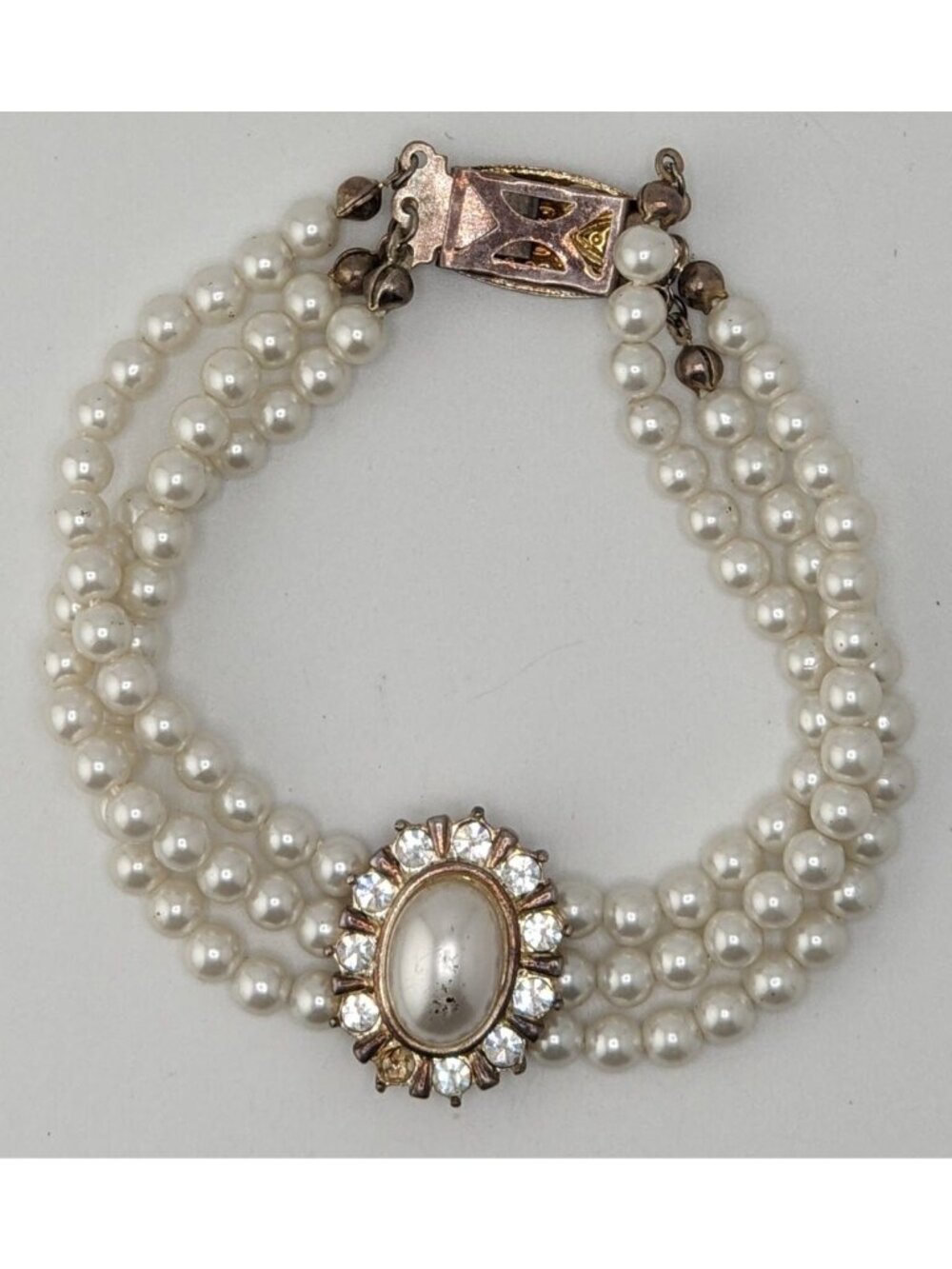 Vintage Faux Pearl Necklace Bracelet Set Rhinestone Victorian Elegance Jewelry - Picture 11 of 14